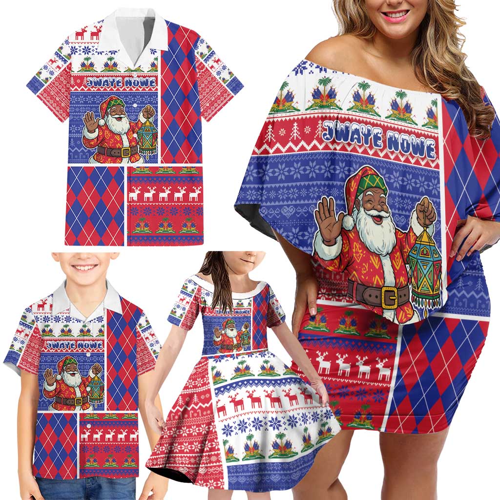 Haiti Christmas Family Matching Off Shoulder Short Dress and Hawaiian Shirt Santa With Fanal Haitian Patchwork Style - Wonder Print Shop