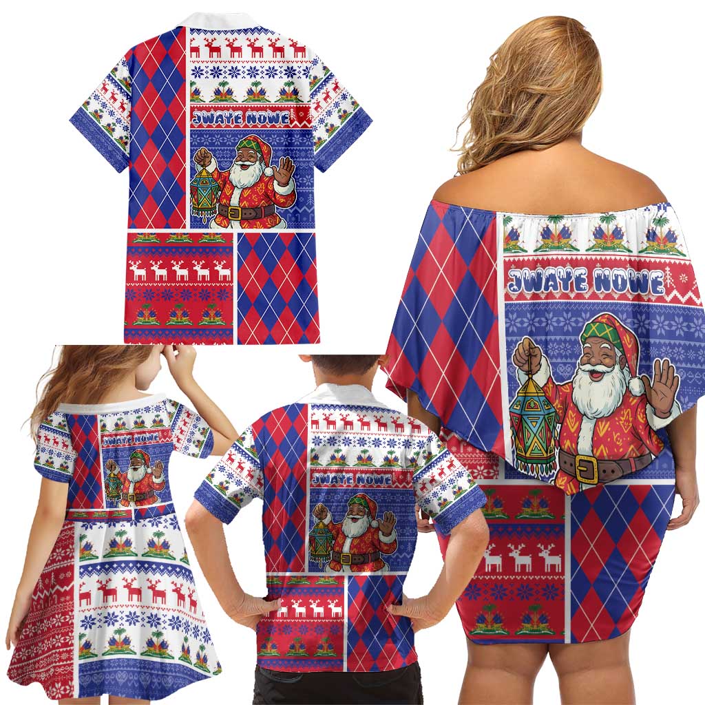 Haiti Christmas Family Matching Off Shoulder Short Dress and Hawaiian Shirt Santa With Fanal Haitian Patchwork Style - Wonder Print Shop
