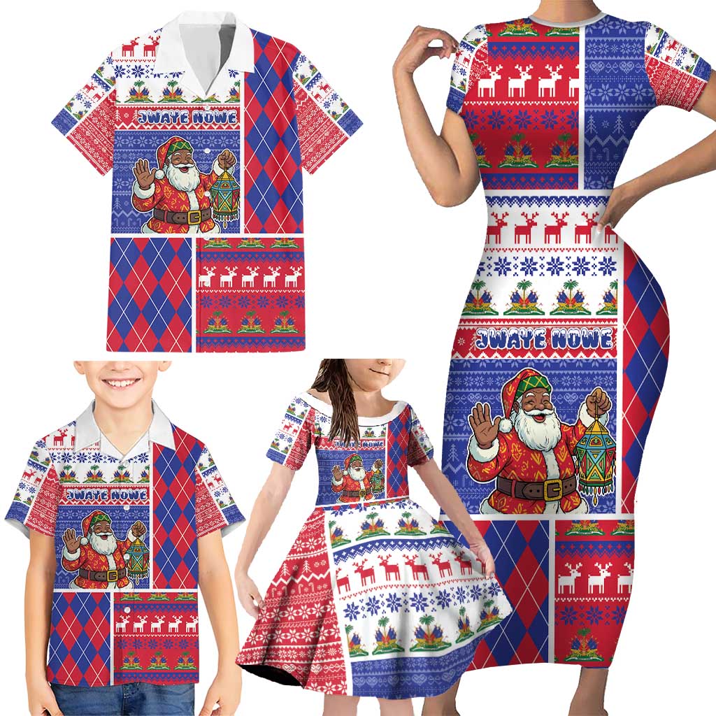 Haiti Christmas Family Matching Short Sleeve Bodycon Dress and Hawaiian Shirt Santa With Fanal Haitian Patchwork Style - Wonder Print Shop