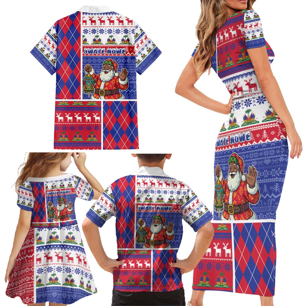Haiti Christmas Family Matching Short Sleeve Bodycon Dress and Hawaiian Shirt Santa With Fanal Haitian Patchwork Style - Wonder Print Shop