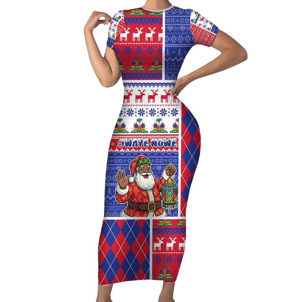 Haiti Christmas Family Matching Short Sleeve Bodycon Dress and Hawaiian Shirt Santa With Fanal Haitian Patchwork Style - Wonder Print Shop