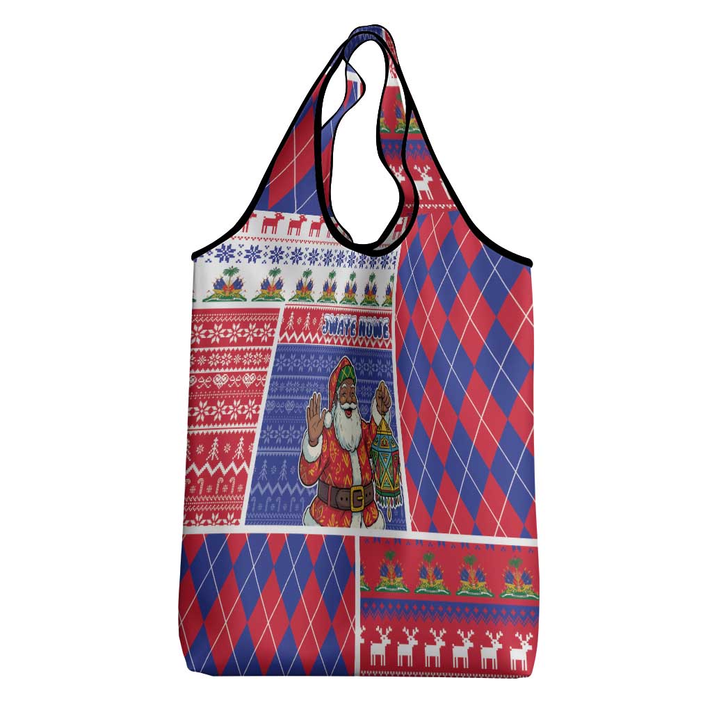 Haiti Christmas Grocery Bag Santa With Fanal Haitian Patchwork Style - Wonder Print Shop