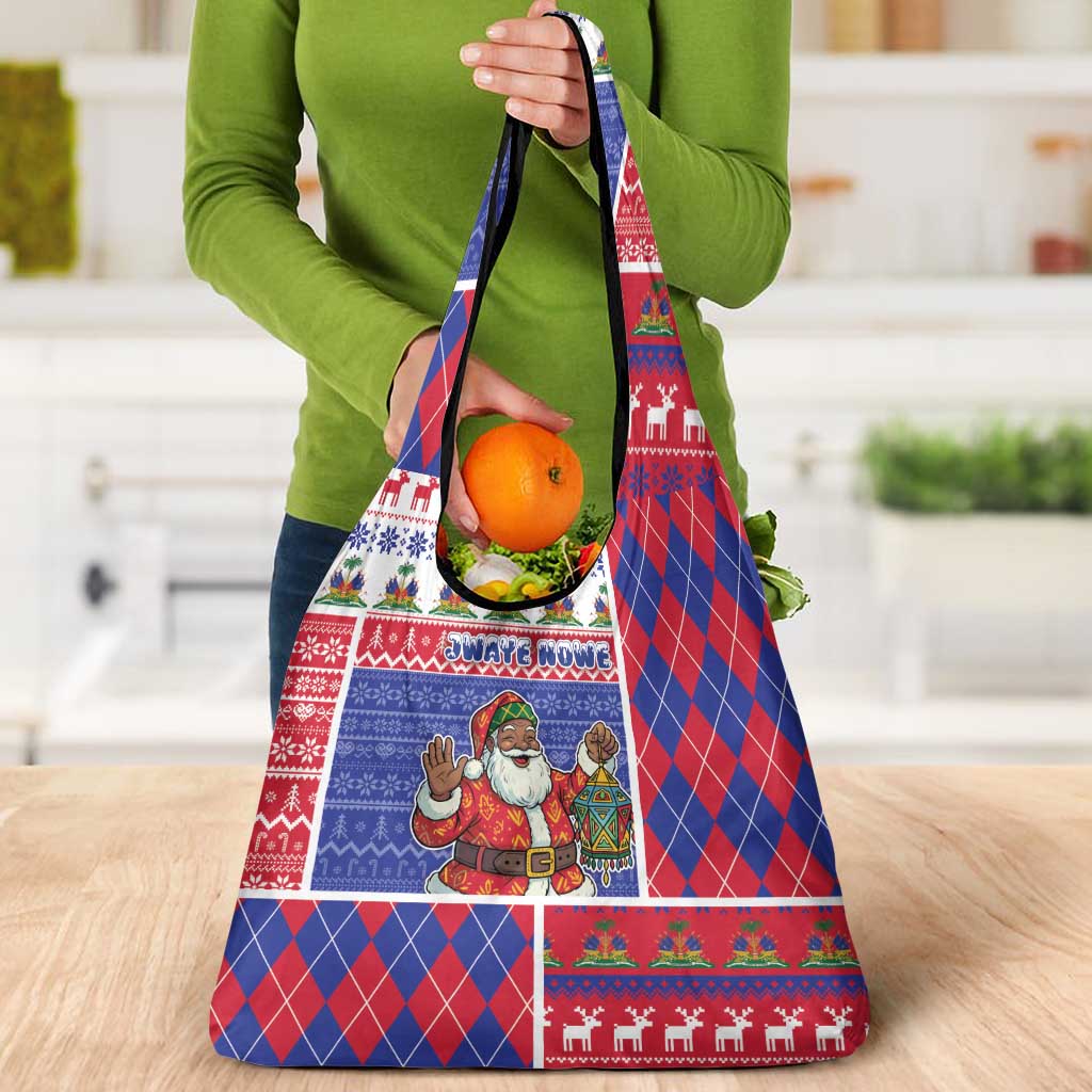 Haiti Christmas Grocery Bag Santa With Fanal Haitian Patchwork Style - Wonder Print Shop