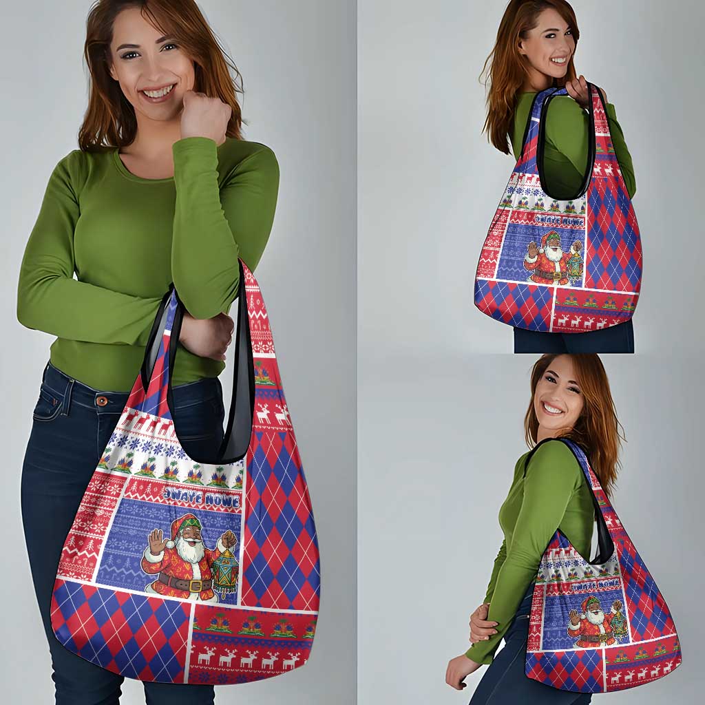 Haiti Christmas Grocery Bag Santa With Fanal Haitian Patchwork Style - Wonder Print Shop
