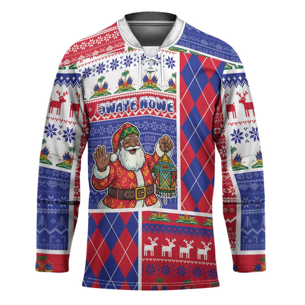 Haiti Christmas Hockey Jersey Santa With Fanal Haitian Patchwork Style - Wonder Print Shop