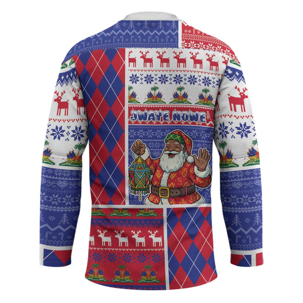 Haiti Christmas Hockey Jersey Santa With Fanal Haitian Patchwork Style - Wonder Print Shop
