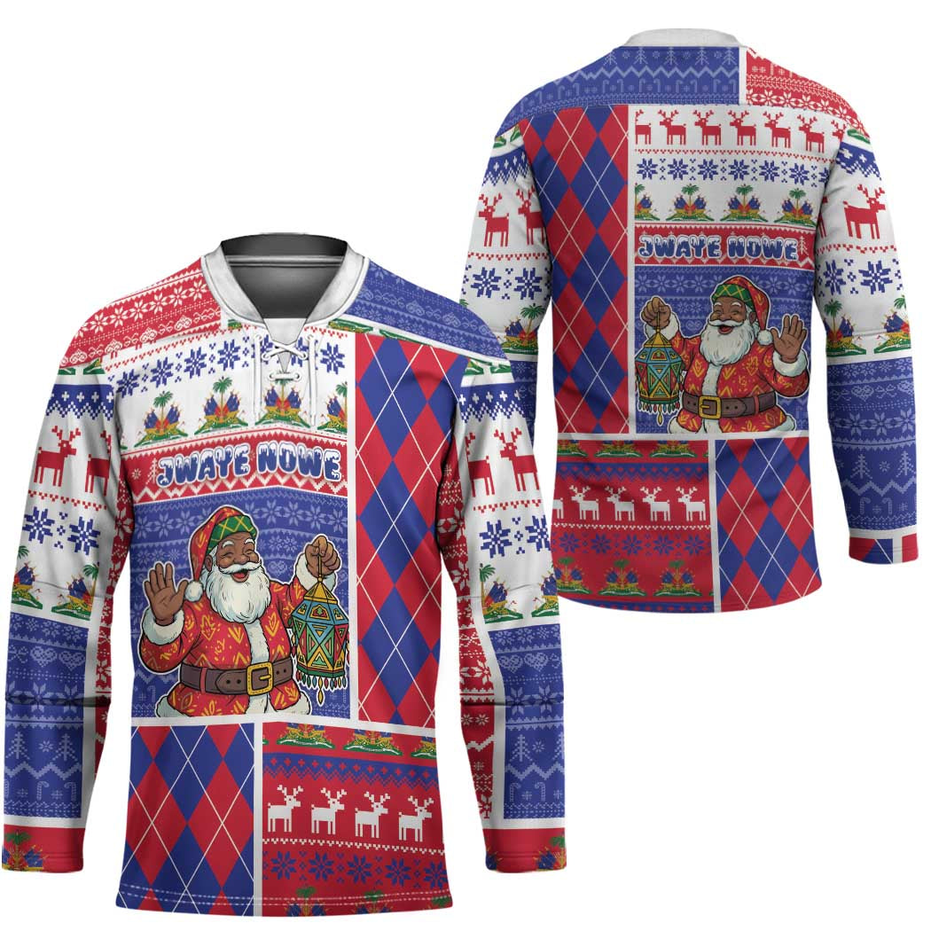 Haiti Christmas Hockey Jersey Santa With Fanal Haitian Patchwork Style - Wonder Print Shop