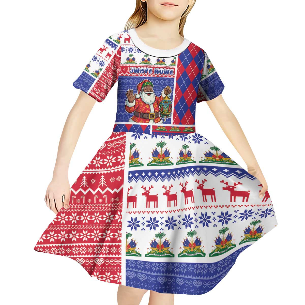 Haiti Christmas Kid Short Sleeve Dress Santa With Fanal Haitian Patchwork Style - Wonder Print Shop