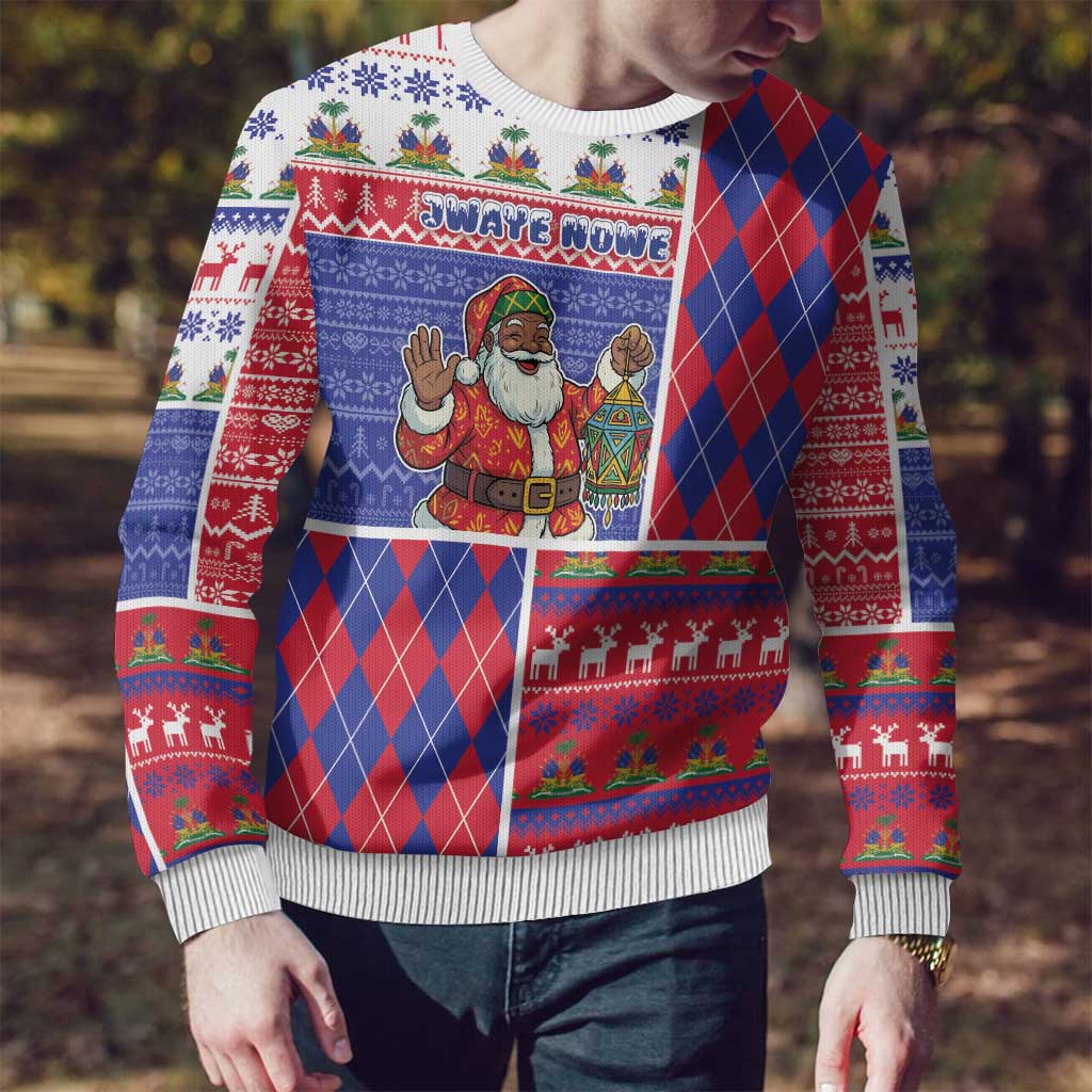 Haiti Christmas Ugly Christmas Sweater Santa With Fanal Haitian Patchwork Style - Wonder Print Shop