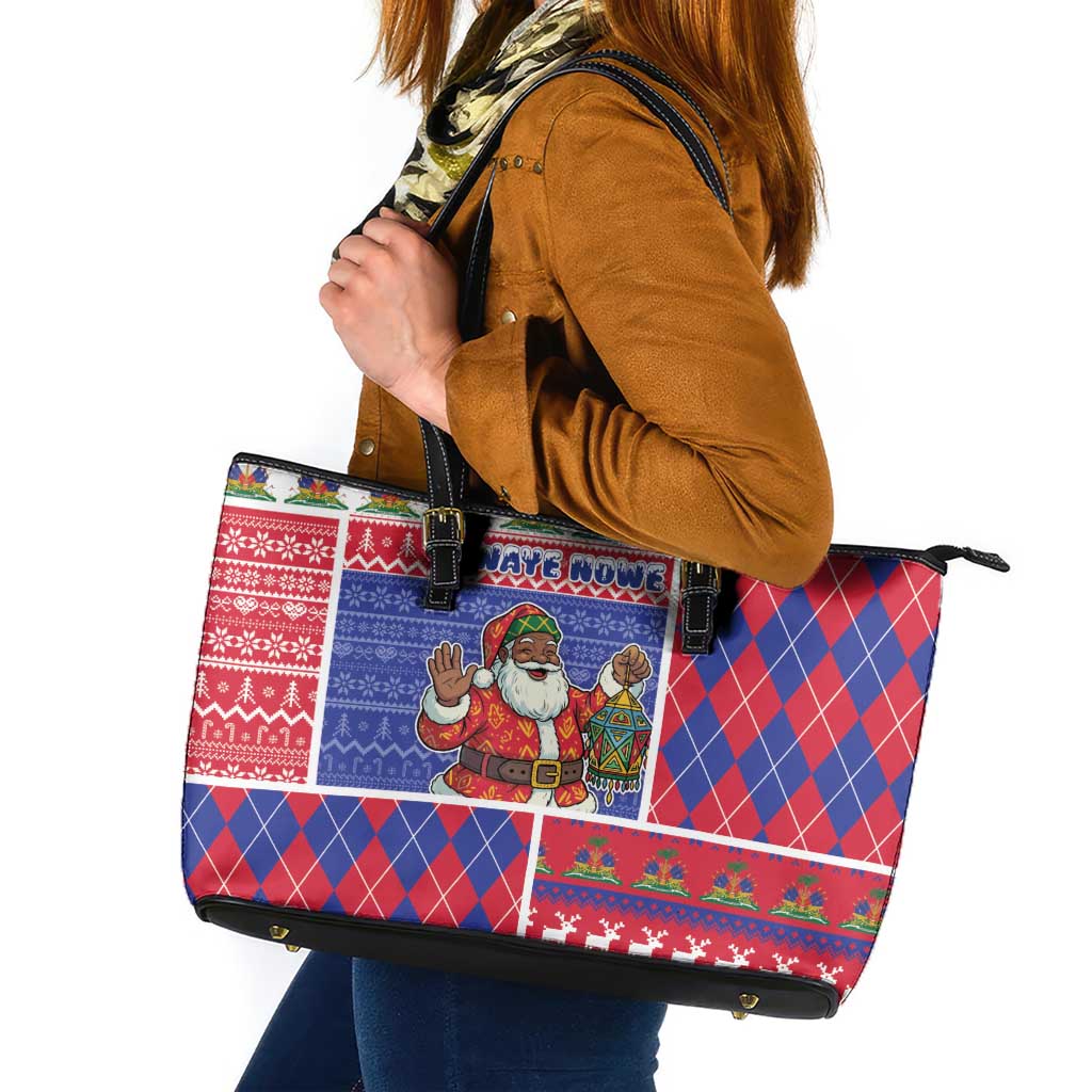 Haiti Christmas Leather Tote Bag Santa With Fanal Haitian Patchwork Style - Wonder Print Shop