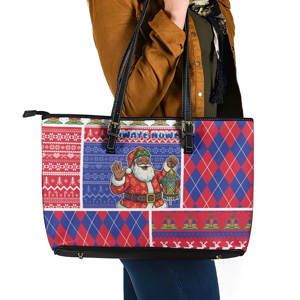 Haiti Christmas Leather Tote Bag Santa With Fanal Haitian Patchwork Style - Wonder Print Shop