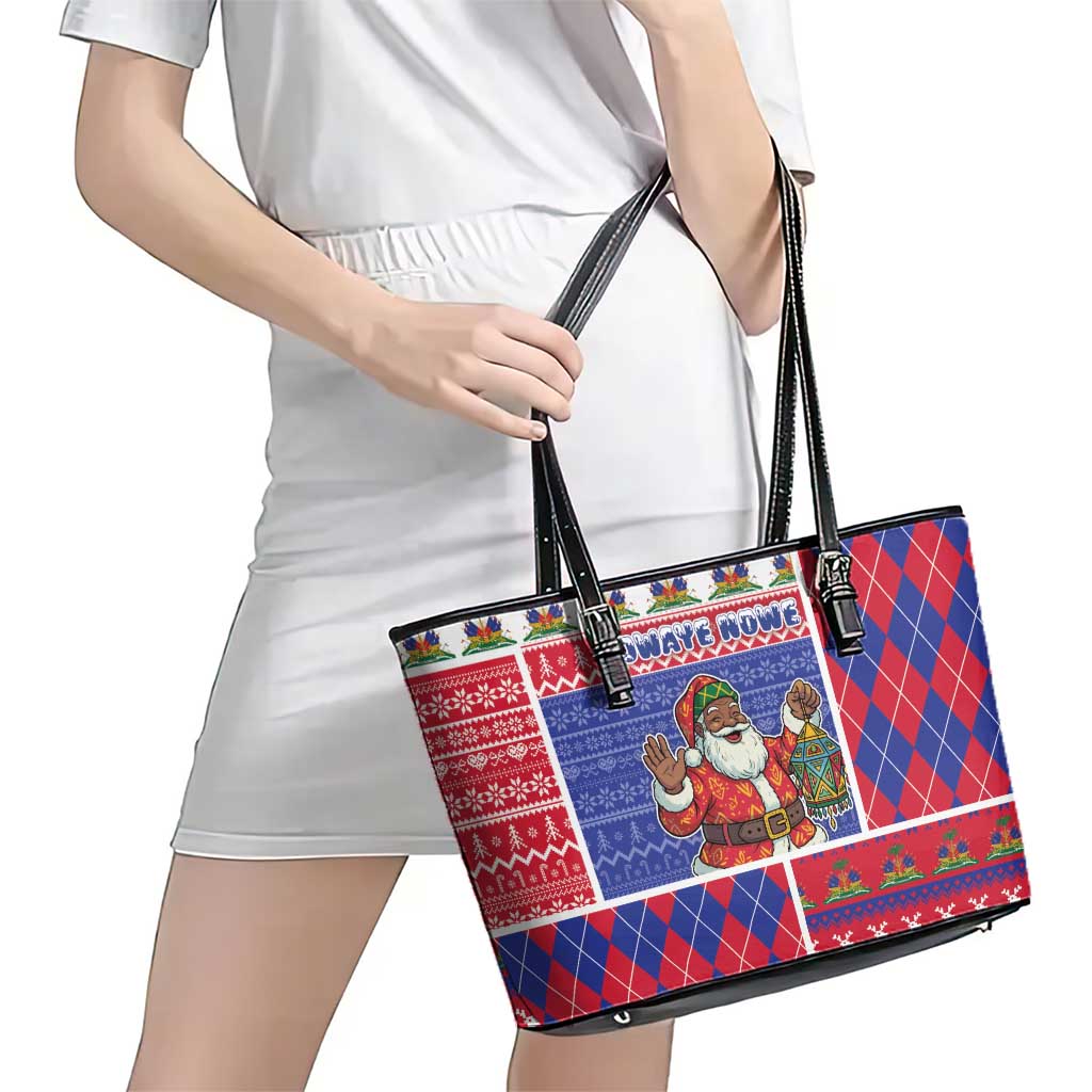 Haiti Christmas Leather Tote Bag Santa With Fanal Haitian Patchwork Style - Wonder Print Shop