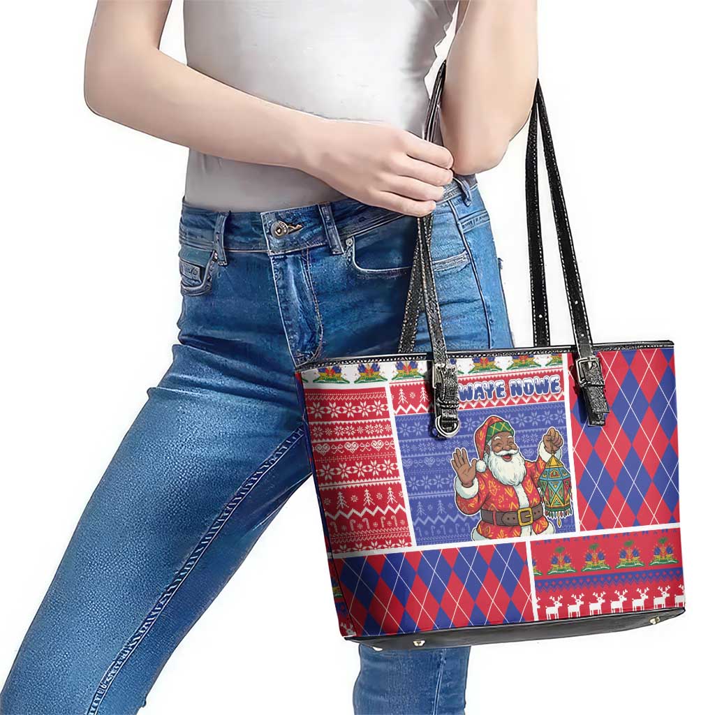 Haiti Christmas Leather Tote Bag Santa With Fanal Haitian Patchwork Style - Wonder Print Shop