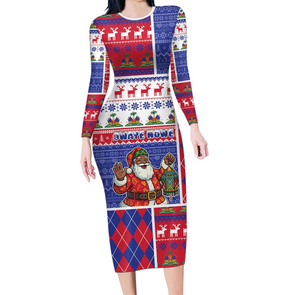 Haiti Christmas Long Sleeve Bodycon Dress Santa With Fanal Haitian Patchwork Style - Wonder Print Shop