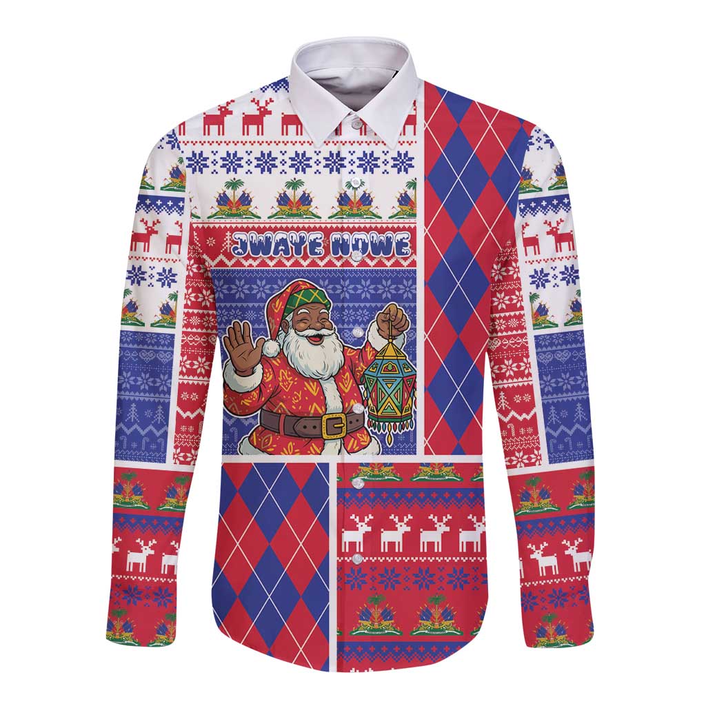 Haiti Christmas Long Sleeve Button Shirt Santa With Fanal Haitian Patchwork Style - Wonder Print Shop
