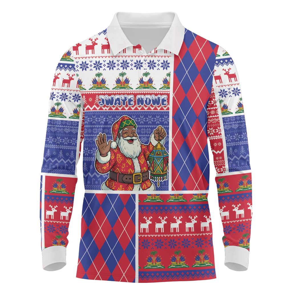 Haiti Christmas Long Sleeve Polo Shirt Santa With Fanal Haitian Patchwork Style - Wonder Print Shop