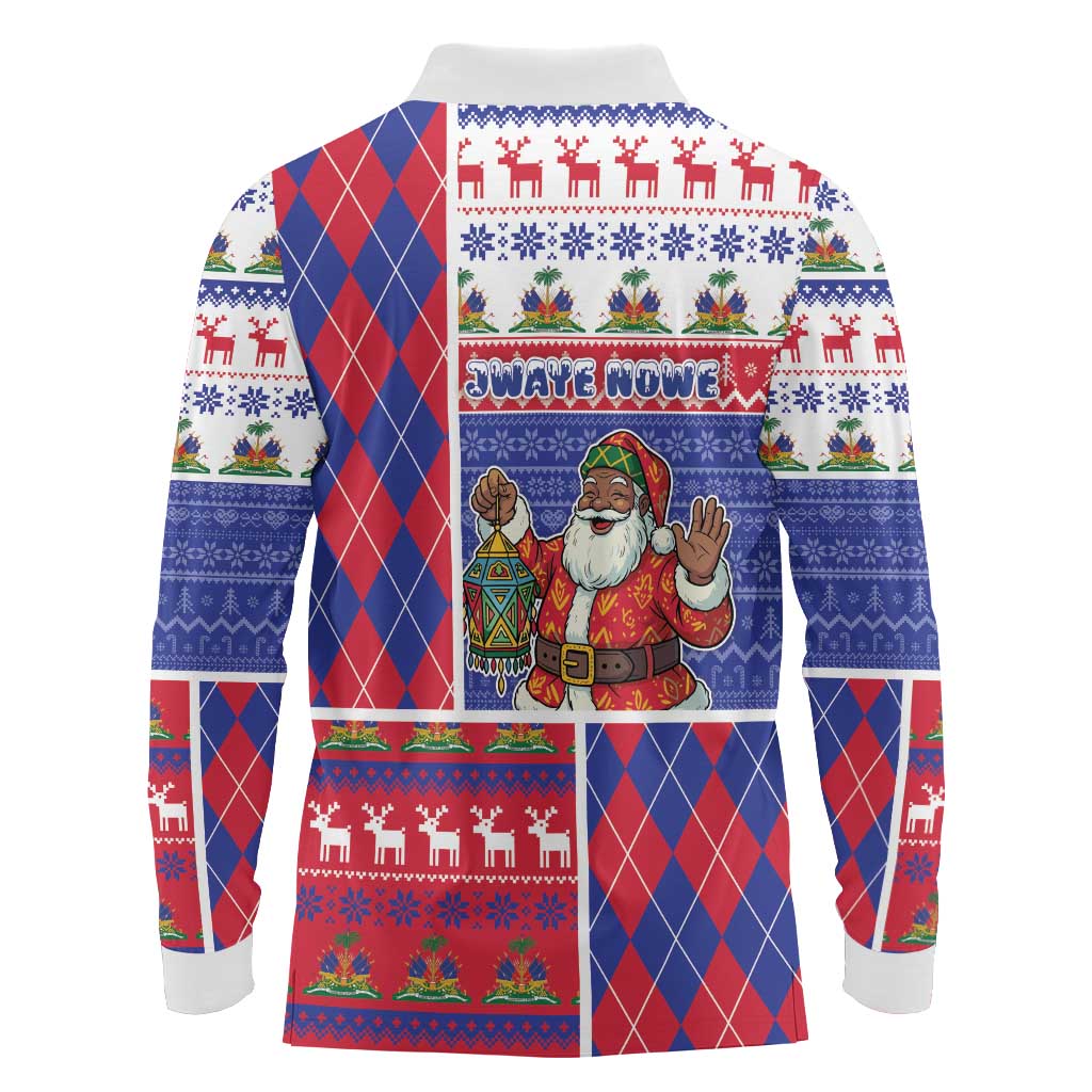Haiti Christmas Long Sleeve Polo Shirt Santa With Fanal Haitian Patchwork Style - Wonder Print Shop
