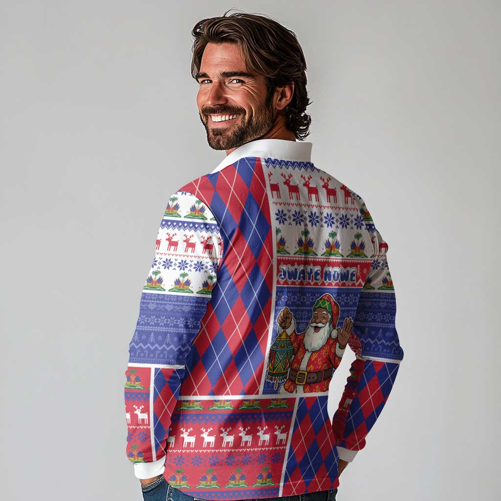 Haiti Christmas Long Sleeve Polo Shirt Santa With Fanal Haitian Patchwork Style - Wonder Print Shop