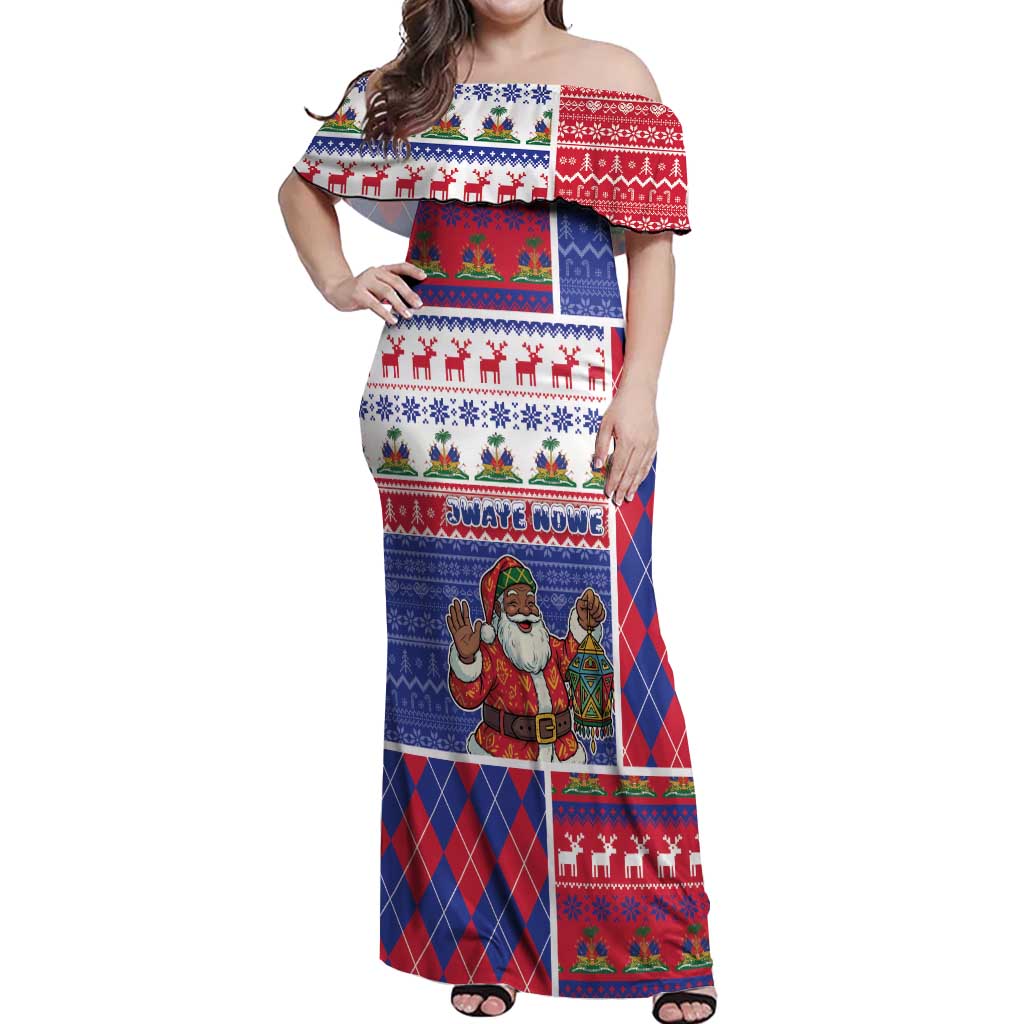 Haiti Christmas Off Shoulder Maxi Dress Santa With Fanal Haitian Patchwork Style - Wonder Print Shop