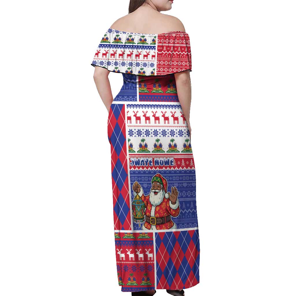 Haiti Christmas Off Shoulder Maxi Dress Santa With Fanal Haitian Patchwork Style - Wonder Print Shop
