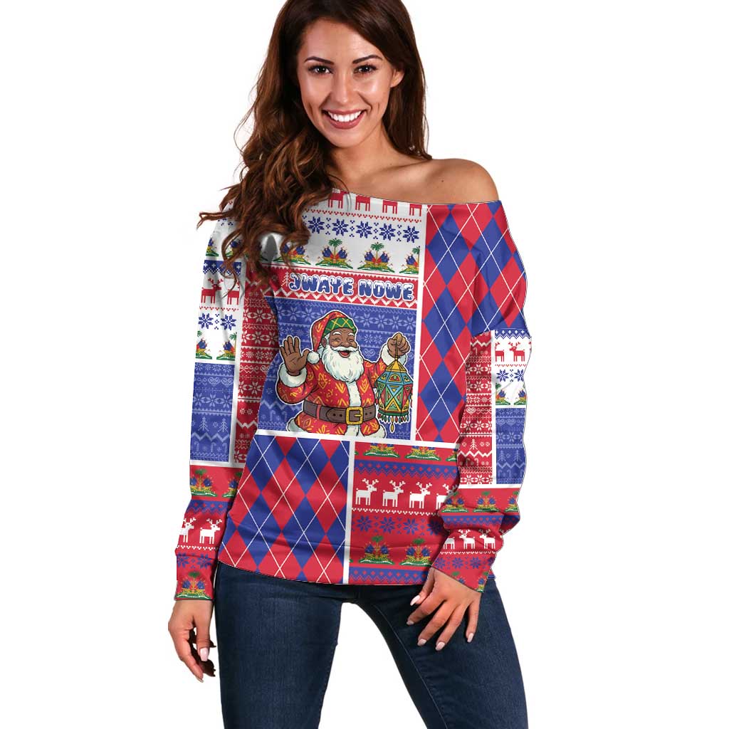 Haiti Christmas Off Shoulder Sweater Santa With Fanal Haitian Patchwork Style - Wonder Print Shop
