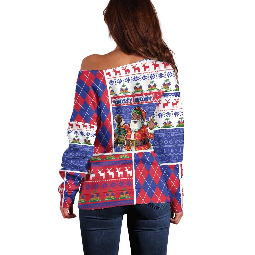 Haiti Christmas Off Shoulder Sweater Santa With Fanal Haitian Patchwork Style - Wonder Print Shop