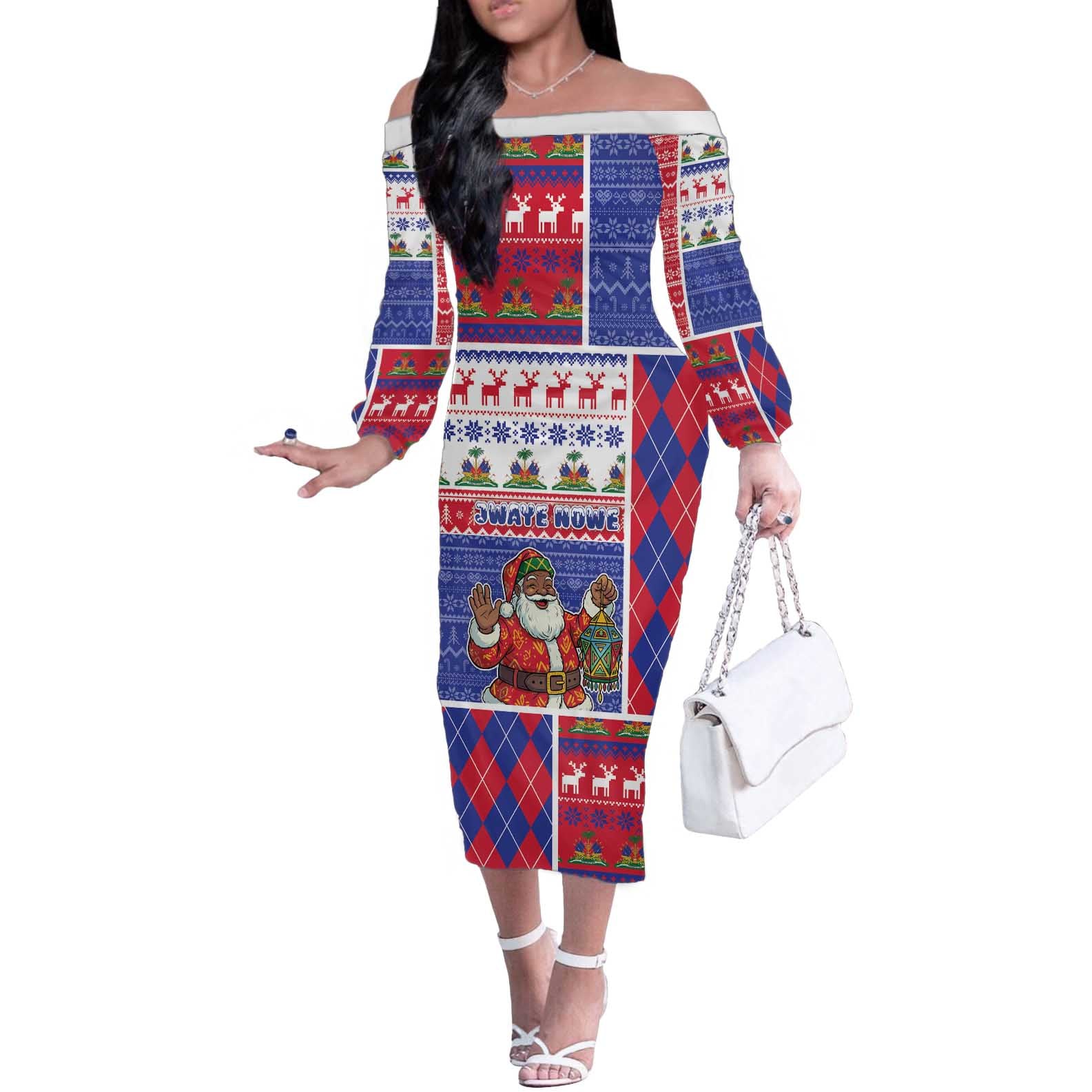 Haiti Christmas Off The Shoulder Long Sleeve Dress Santa With Fanal Haitian Patchwork Style - Wonder Print Shop