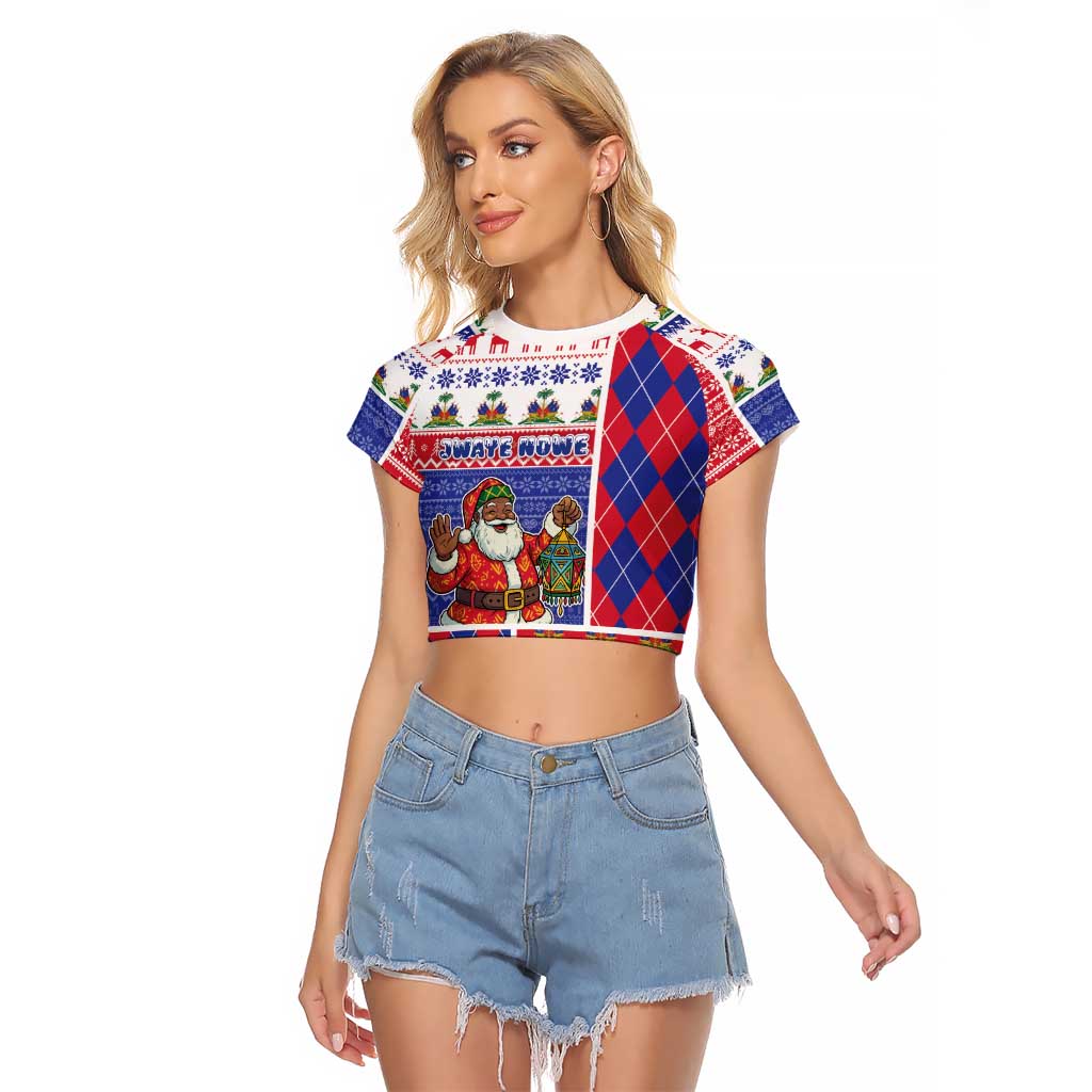 Haiti Christmas Raglan Cropped T Shirt Santa With Fanal Haitian Patchwork Style - Wonder Print Shop