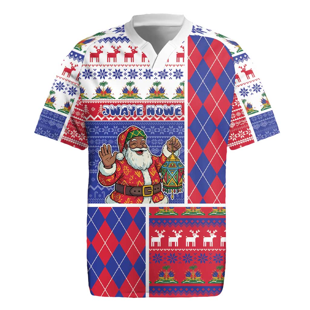 Haiti Christmas Rugby Jersey Santa With Fanal Haitian Patchwork Style - Wonder Print Shop