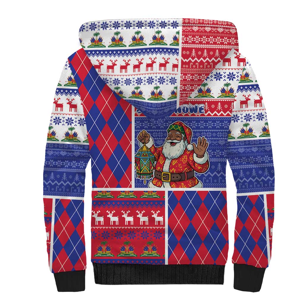 Haiti Christmas Sherpa Hoodie Santa With Fanal Haitian Patchwork Style - Wonder Print Shop