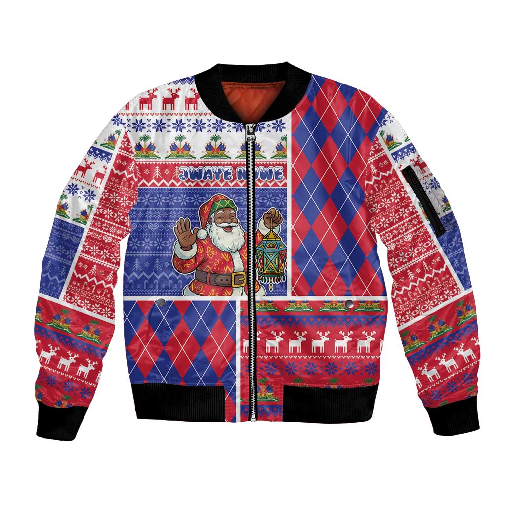 Haiti Christmas Sleeve Zip Bomber Jacket Santa With Fanal Haitian Patchwork Style - Wonder Print Shop