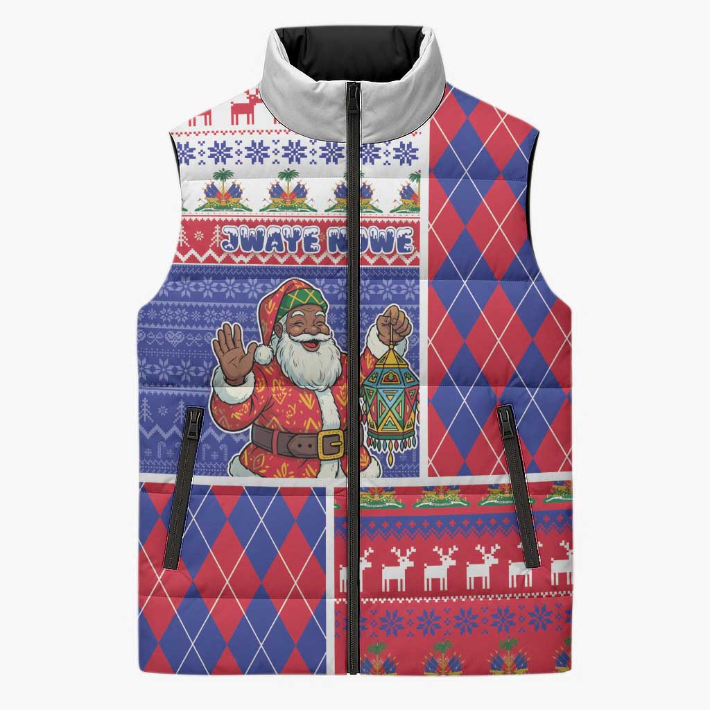 Haiti Christmas Sleeveless Puffer Jacket Santa With Fanal Haitian Patchwork Style - Wonder Print Shop