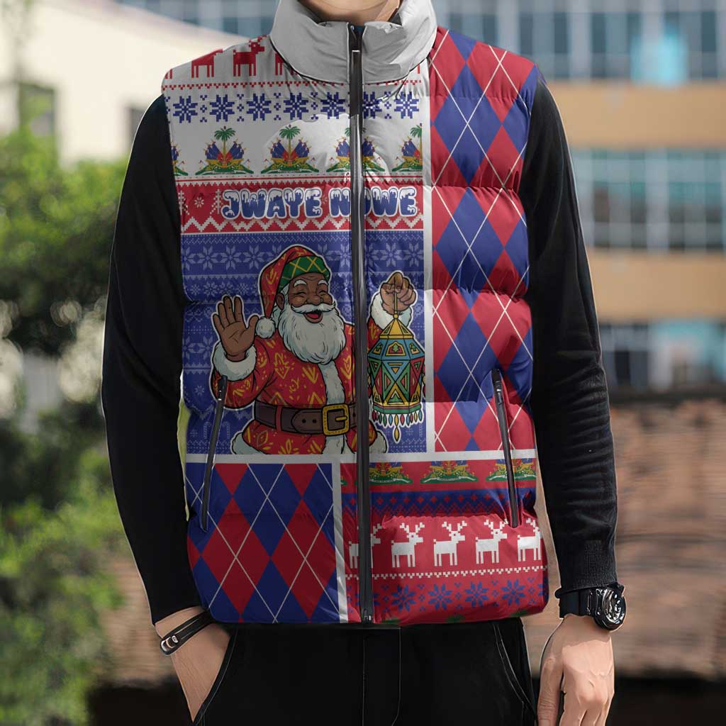 Haiti Christmas Sleeveless Puffer Jacket Santa With Fanal Haitian Patchwork Style - Wonder Print Shop