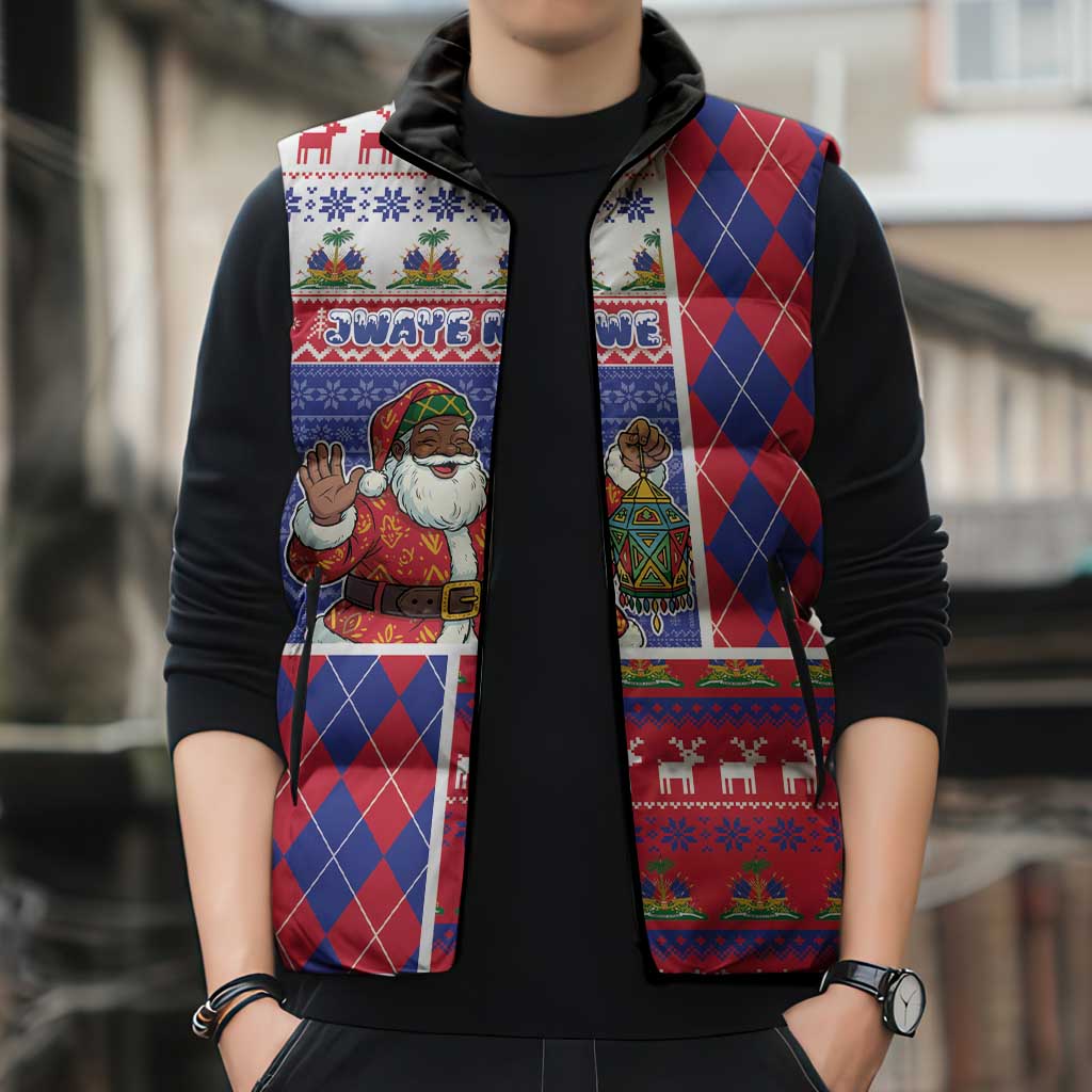 Haiti Christmas Sleeveless Puffer Jacket Santa With Fanal Haitian Patchwork Style - Wonder Print Shop