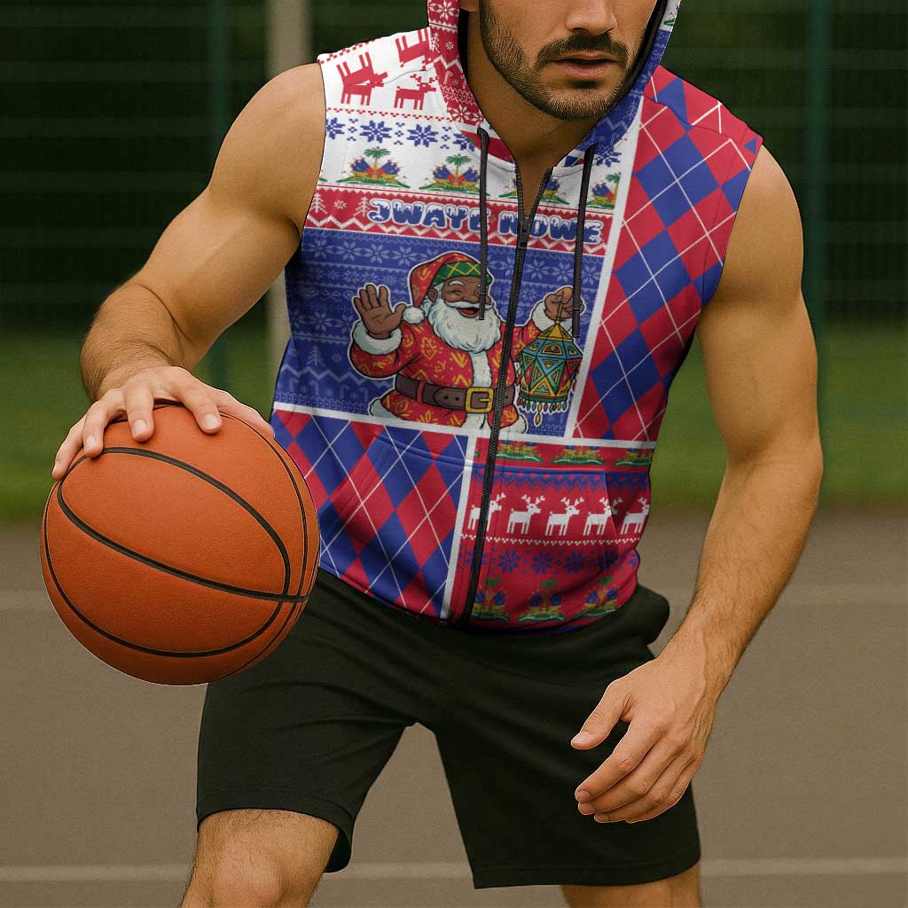 Haiti Christmas Sleeveless Zip Hoodie Santa With Fanal Haitian Patchwork Style - Wonder Print Shop