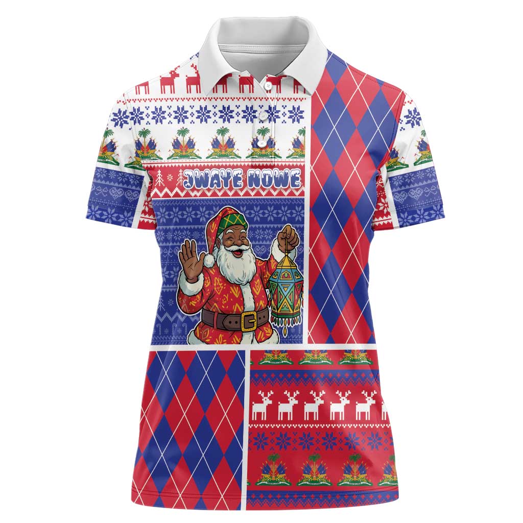 Haiti Christmas Women Polo Shirt Santa With Fanal Haitian Patchwork Style - Wonder Print Shop