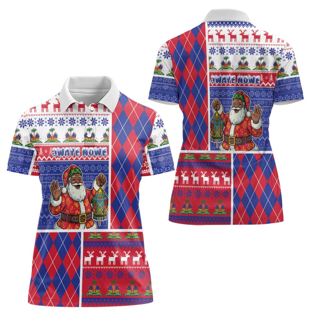 Haiti Christmas Women Polo Shirt Santa With Fanal Haitian Patchwork Style - Wonder Print Shop