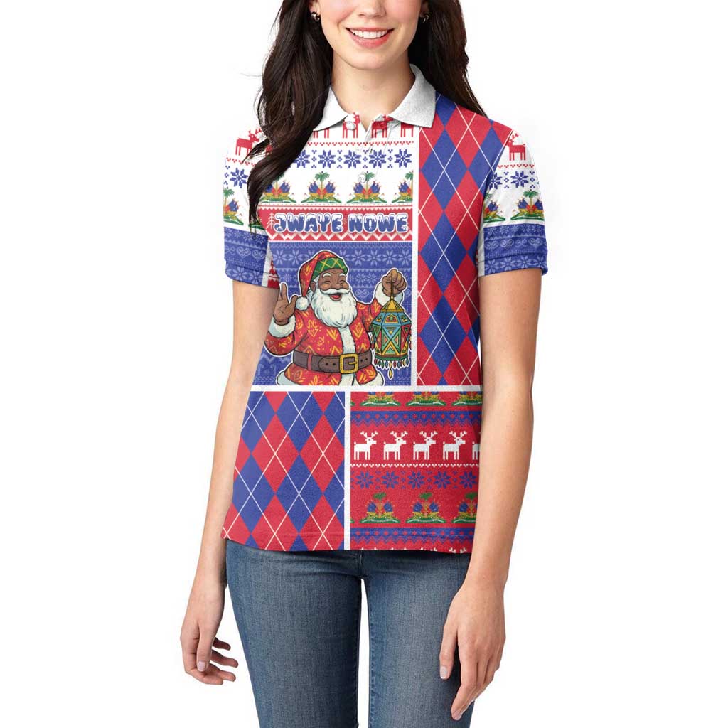 Haiti Christmas Women Polo Shirt Santa With Fanal Haitian Patchwork Style - Wonder Print Shop