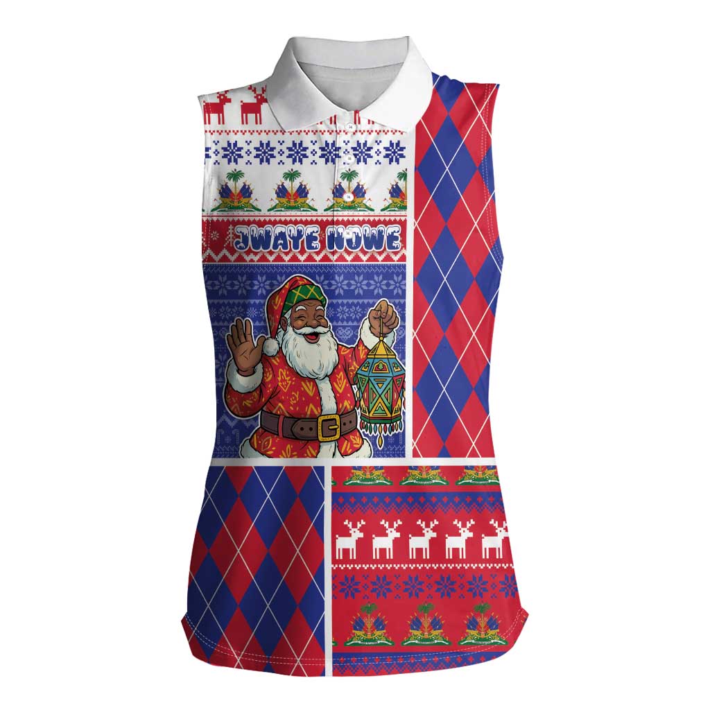 Haiti Christmas Women Sleeveless Polo Shirt Santa With Fanal Haitian Patchwork Style - Wonder Print Shop