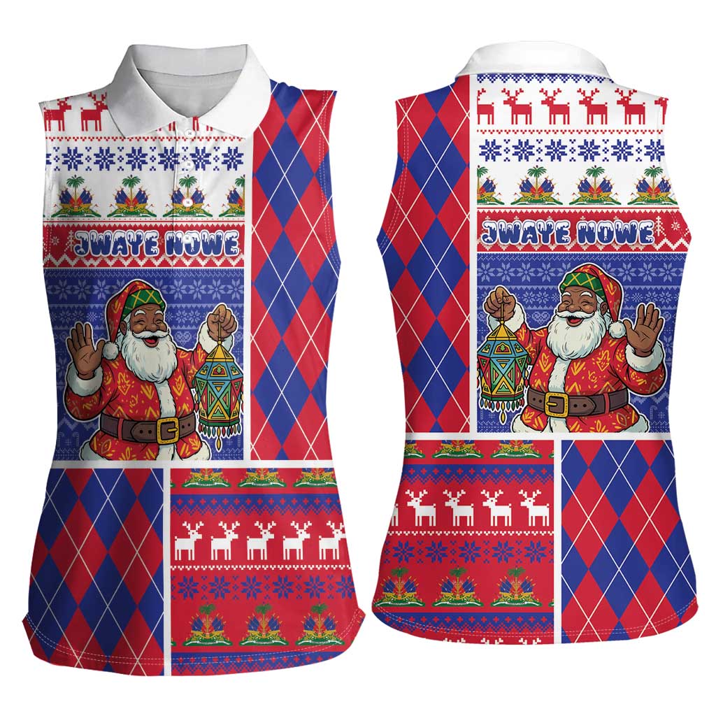Haiti Christmas Women Sleeveless Polo Shirt Santa With Fanal Haitian Patchwork Style - Wonder Print Shop