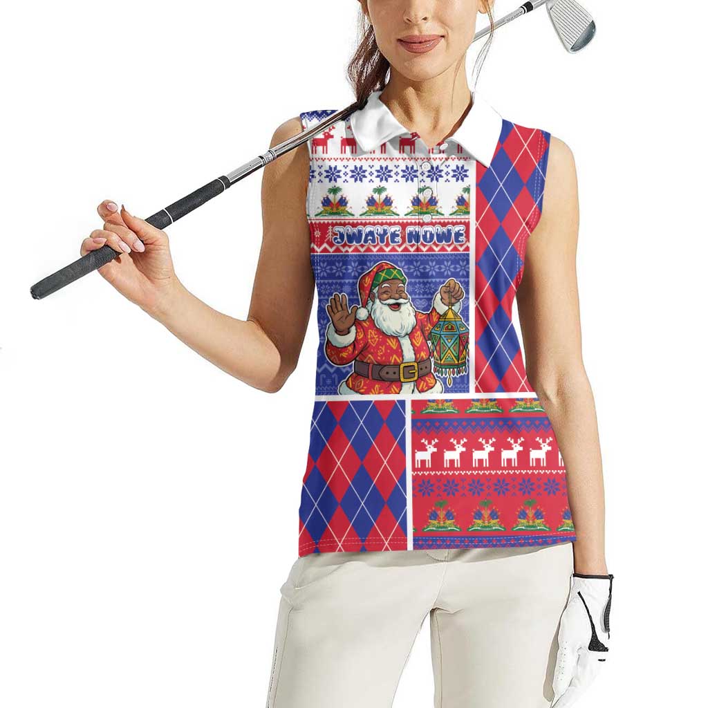 Haiti Christmas Women Sleeveless Polo Shirt Santa With Fanal Haitian Patchwork Style - Wonder Print Shop