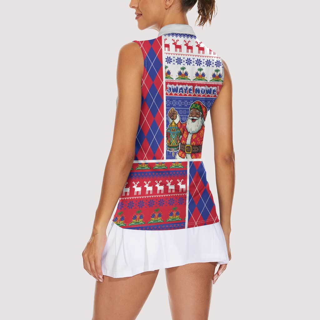 Haiti Christmas Women Sleeveless Polo Shirt Santa With Fanal Haitian Patchwork Style - Wonder Print Shop
