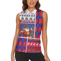 Haiti Christmas Women Sleeveless Polo Shirt Santa With Fanal Haitian Patchwork Style - Wonder Print Shop