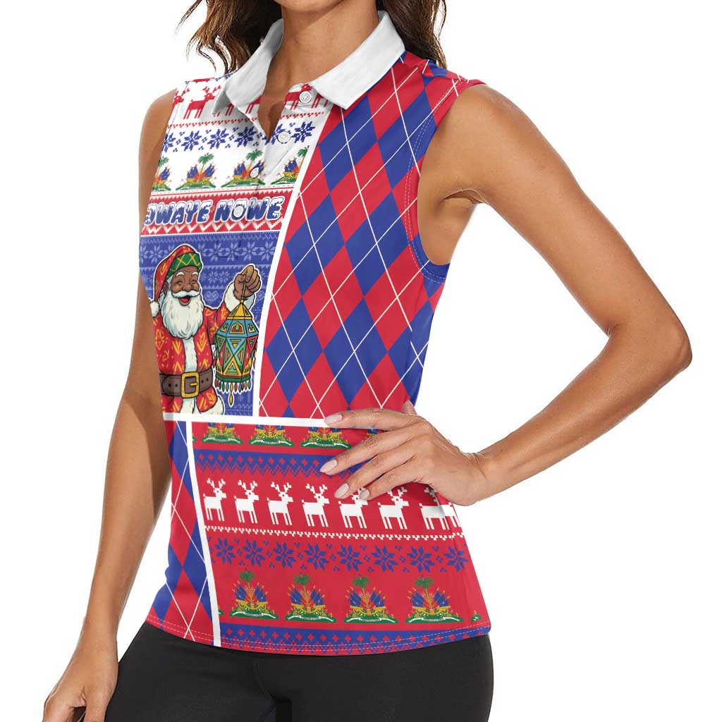 Haiti Christmas Women Sleeveless Polo Shirt Santa With Fanal Haitian Patchwork Style - Wonder Print Shop