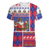 Haiti Christmas Women V-Neck T-Shirt Santa With Fanal Haitian Patchwork Style - Wonder Print Shop