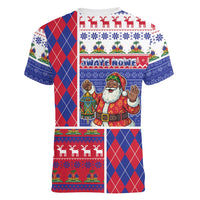 Haiti Christmas Women V-Neck T-Shirt Santa With Fanal Haitian Patchwork Style - Wonder Print Shop