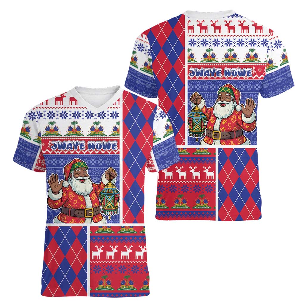 Haiti Christmas Women V-Neck T-Shirt Santa With Fanal Haitian Patchwork Style - Wonder Print Shop
