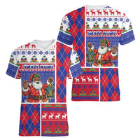 Haiti Christmas Women V-Neck T-Shirt Santa With Fanal Haitian Patchwork Style - Wonder Print Shop