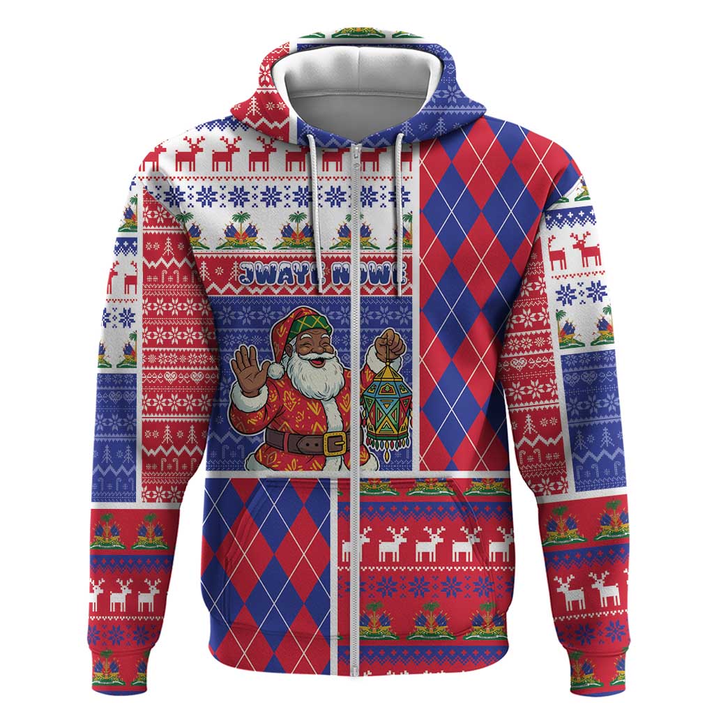 Haiti Christmas Zip Hoodie Santa With Fanal Haitian Patchwork Style - Wonder Print Shop