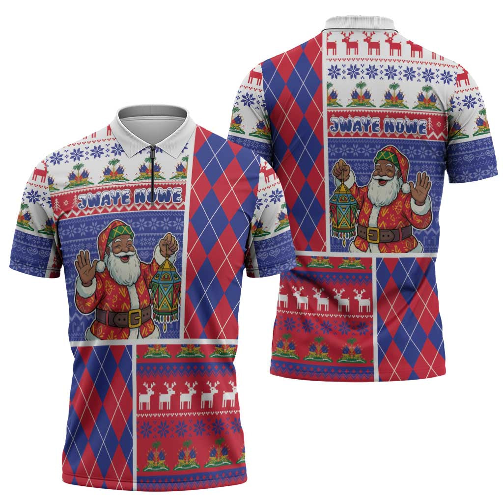 Haiti Christmas Zipper Polo Shirt Santa With Fanal Haitian Patchwork Style - Wonder Print Shop